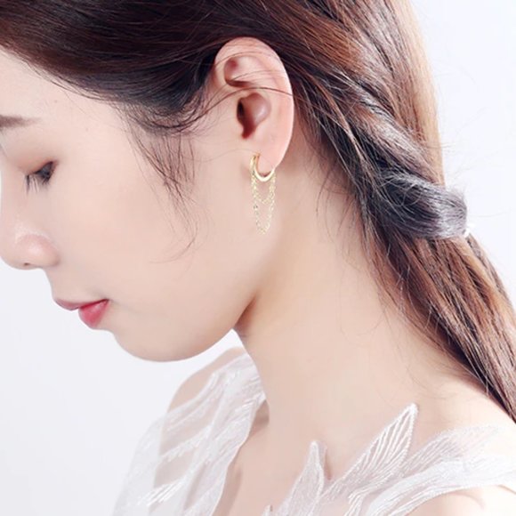 NEW Silver Gold Punk Style Double Layer Chain Hoop Earring - Picture 3 of 7